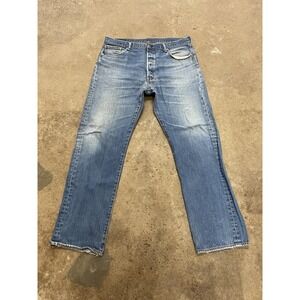 Levis 501 Jeans Mens 37x31 Medium Wash Blue Straight Leg Button Fly Distressed